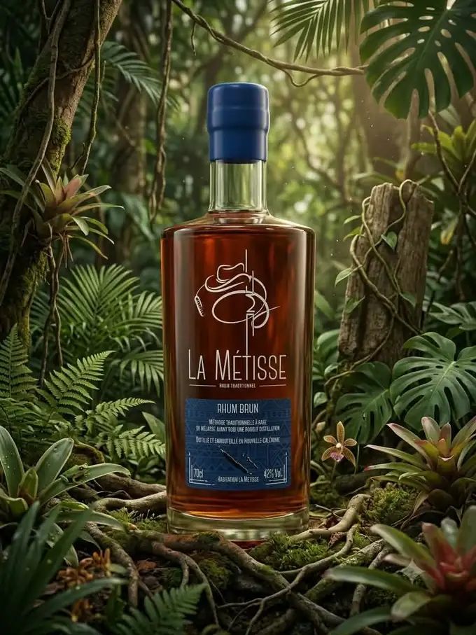 Bouteille La Métisse rhum brun au cœur de gaïac torréfié dans la végétation tropicale — Distillerie Rolland